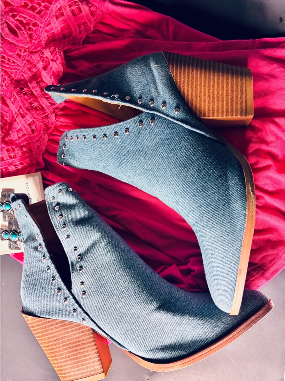 Mata Traders Blue Denim Studded Ankle Booties - Picture 2 of 3